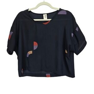 Eve Gravel Geometric Womens Cropped‎ Top Small Boxy Blouse Semi Sheer Pac Man